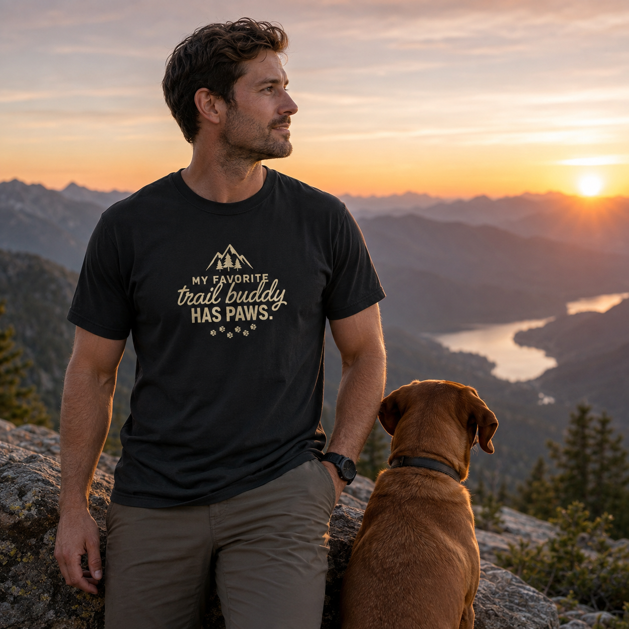 Man and dog wearing t-shirt with "My Favorite Trail Buddy Has Paws" text.