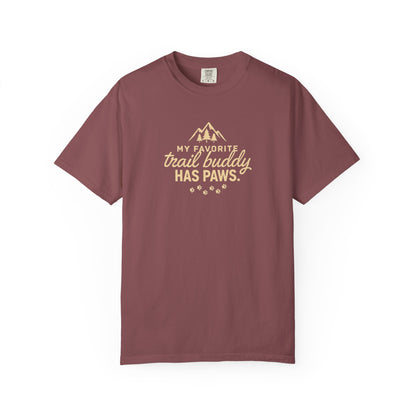 Red t-shirt with "My favorite trail buddy has paws" text and paw prints.