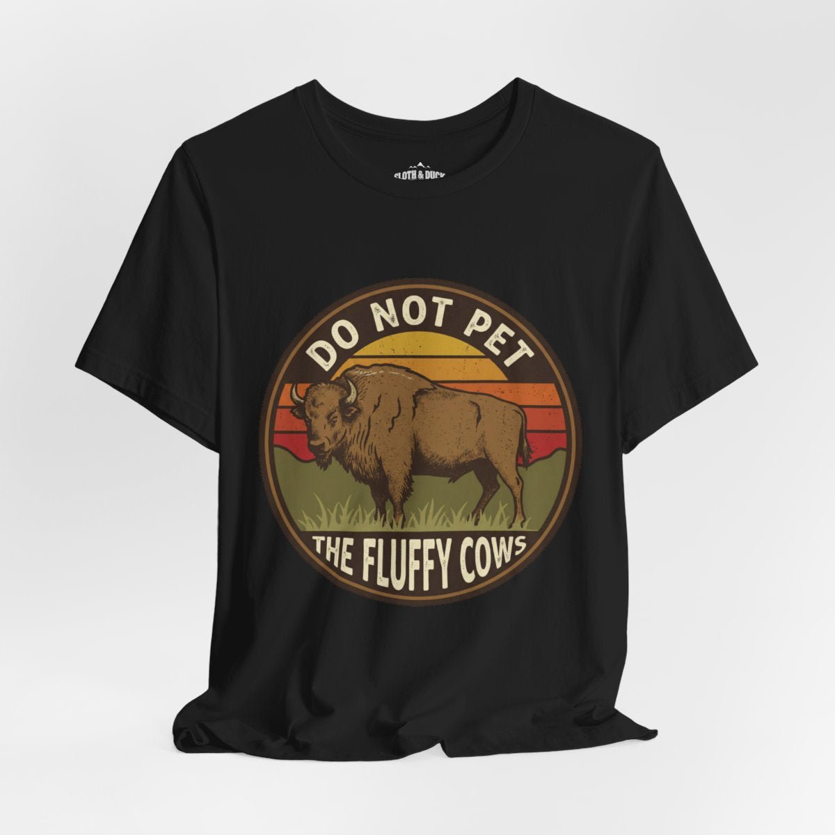 Do Not Pet The Fluffy Cows Bison Retro Sunset T-Shirt - S - Sloth & Duck