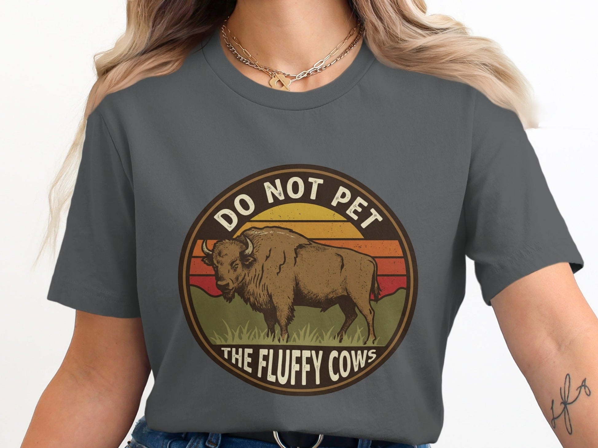 Do Not Pet The Fluffy Cows Bison Retro Sunset T-Shirt - S - Sloth & Duck