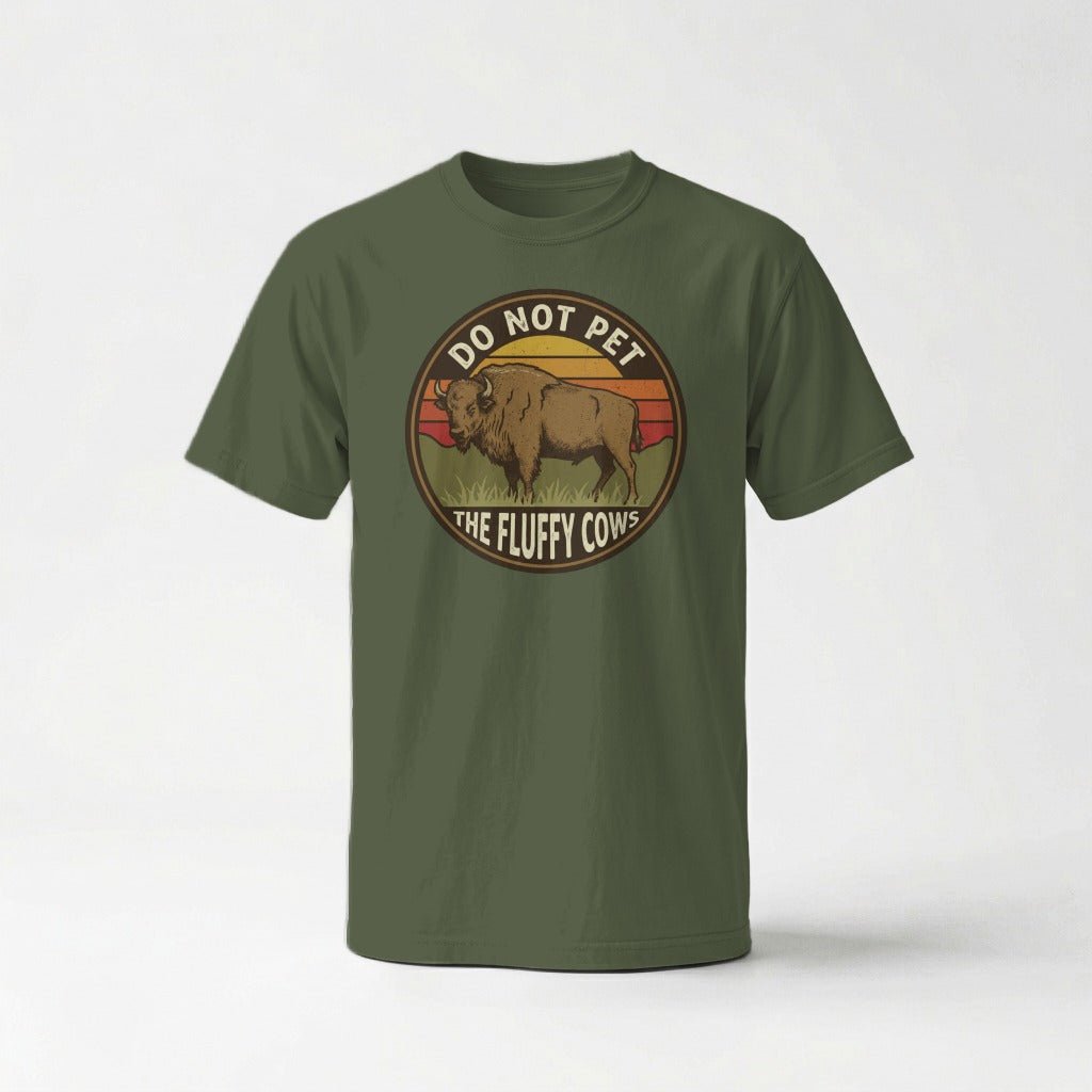 Do Not Pet The Fluffy Cows Bison Retro Sunset T-Shirt - S - Sloth & Duck
