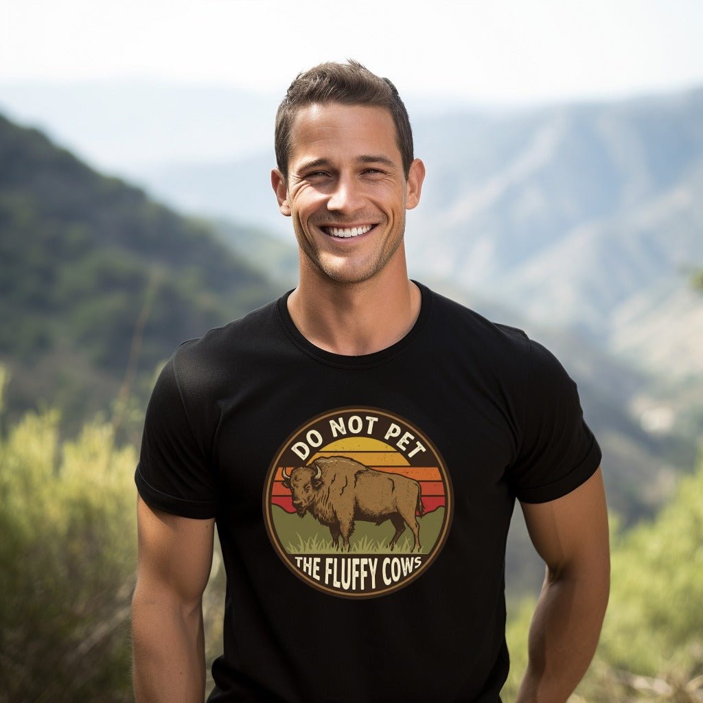Do Not Pet The Fluffy Cows Bison Retro Sunset T-Shirt - S - Sloth & Duck