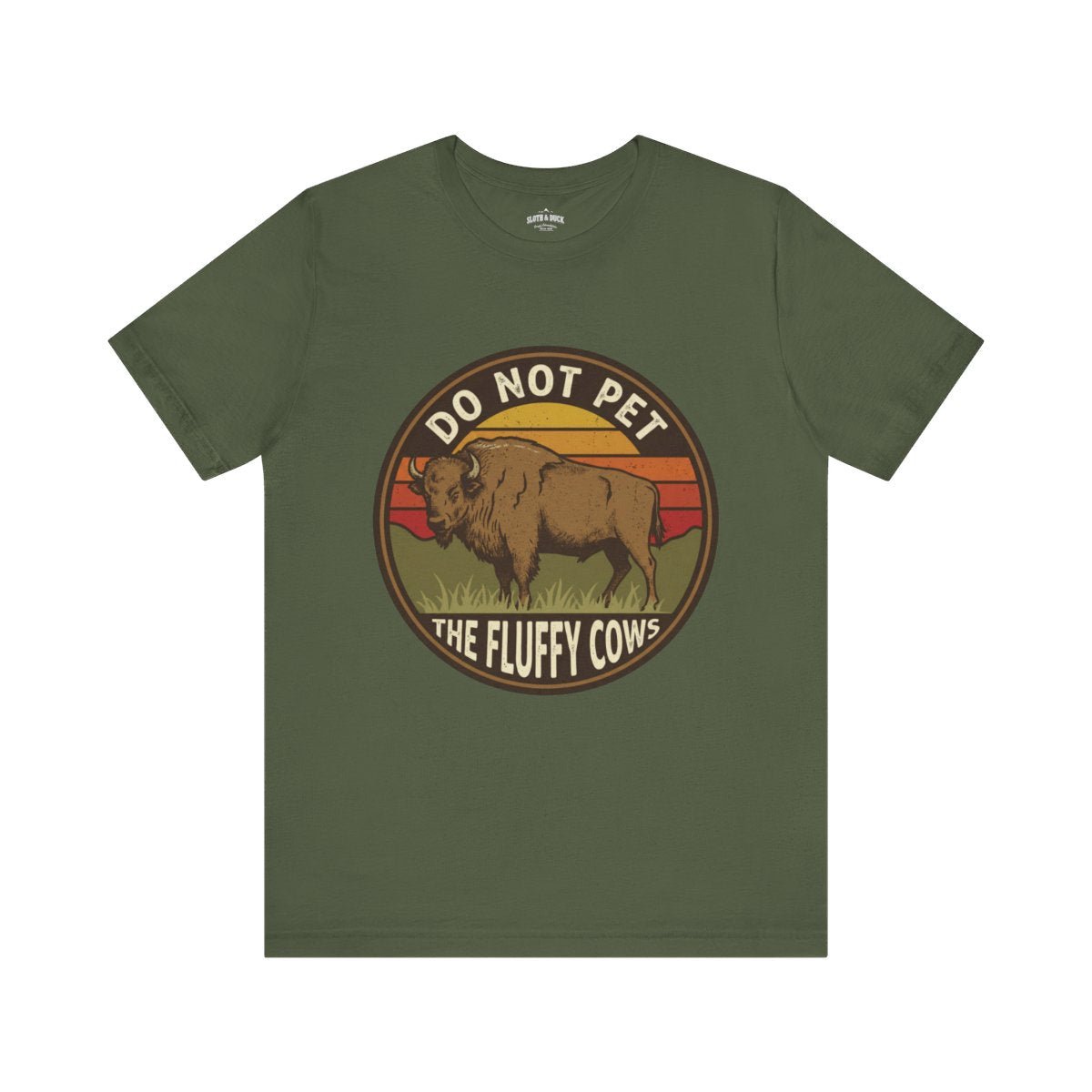 Do Not Pet The Fluffy Cows Bison Retro Sunset T-Shirt - S - Sloth & Duck