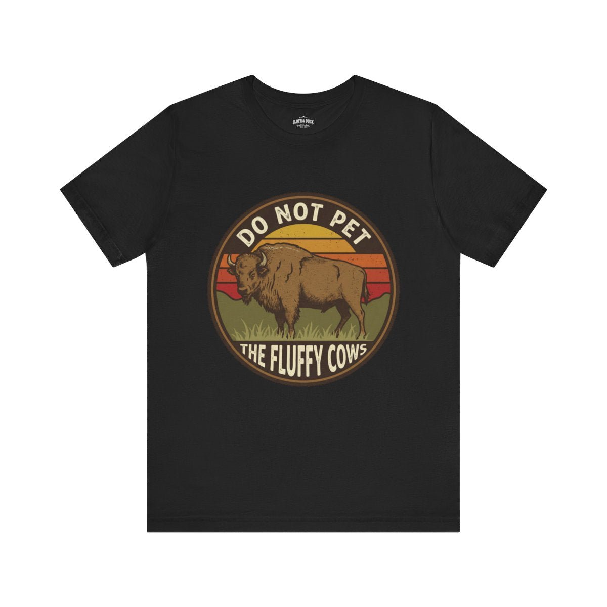 Do Not Pet The Fluffy Cows Bison Retro Sunset T-Shirt - S - Sloth & Duck