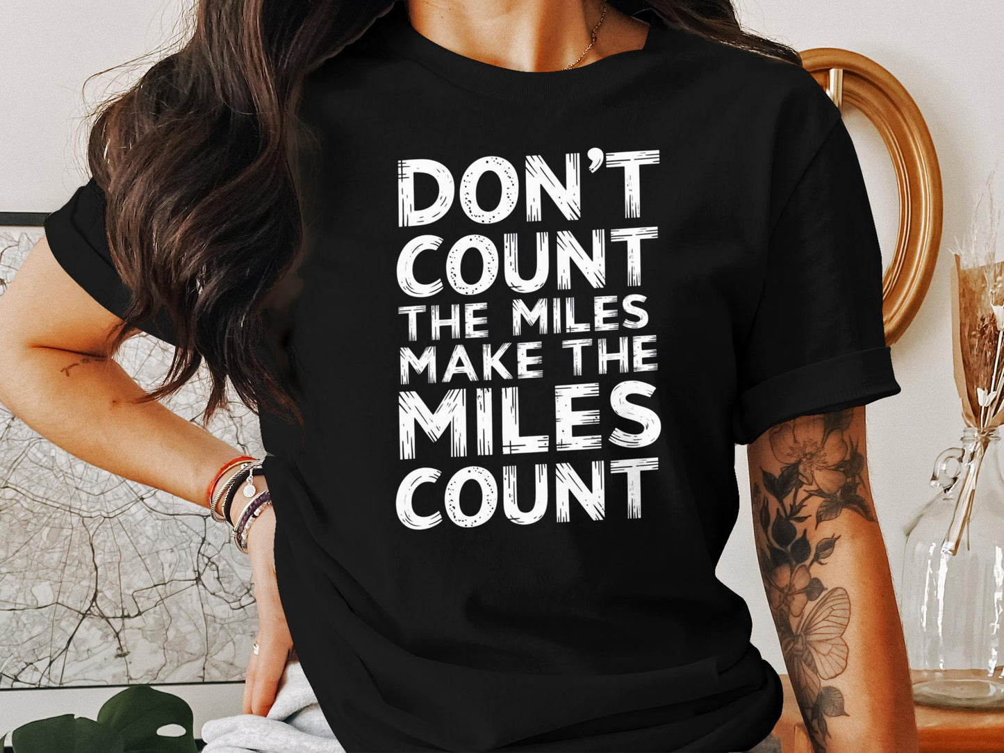 "Don't Count The Miles Make The Miles Count" Motivational T-Shirt - Black - Sloth & Duck