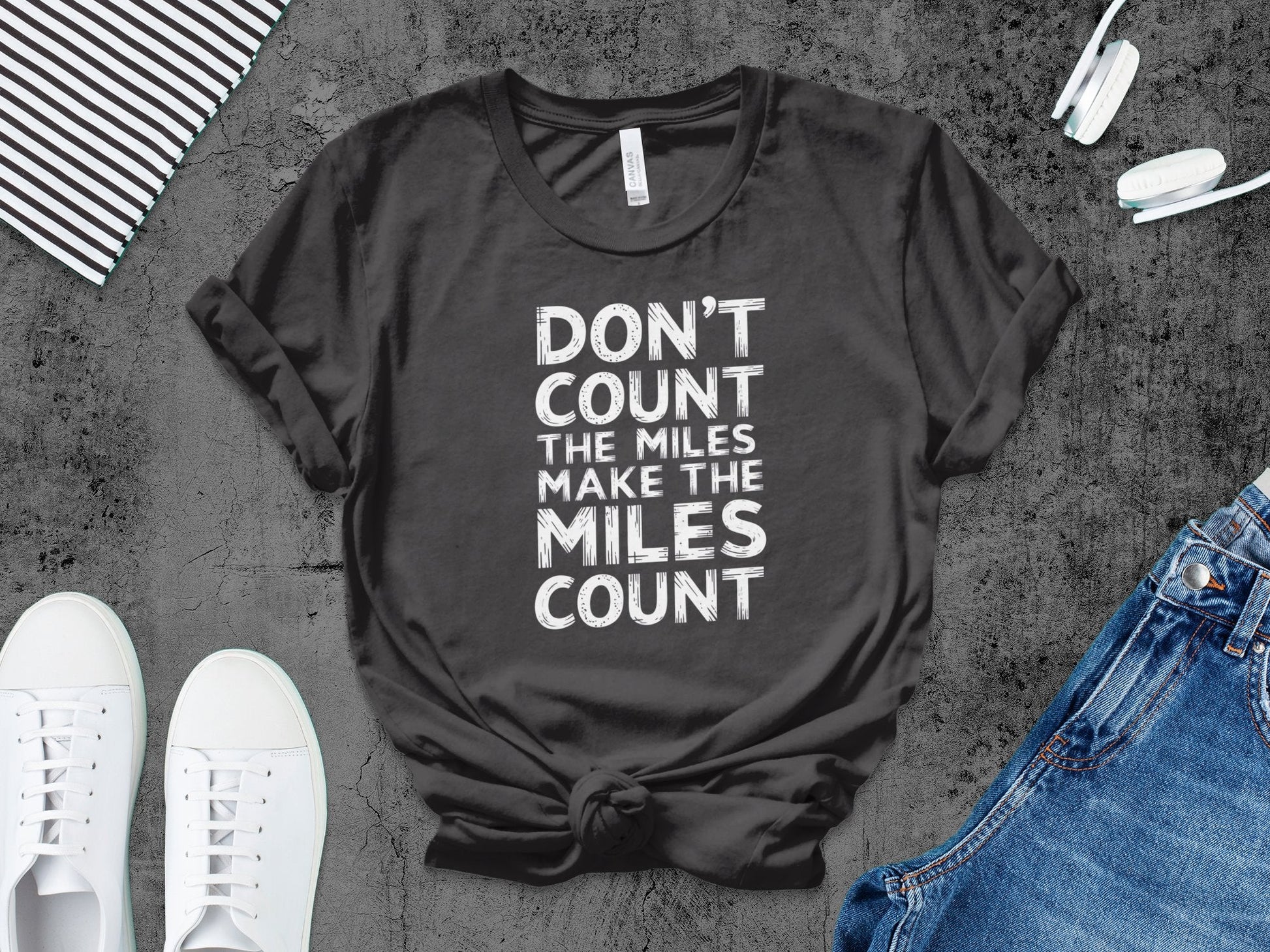 "Don't Count The Miles Make The Miles Count" Motivational T-Shirt - Dark Grey Heather - Sloth & Duck