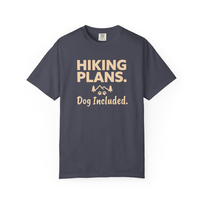 Charcoal t-shirt with text "Hiking Plans. Dog Included." and paw print graphic.
