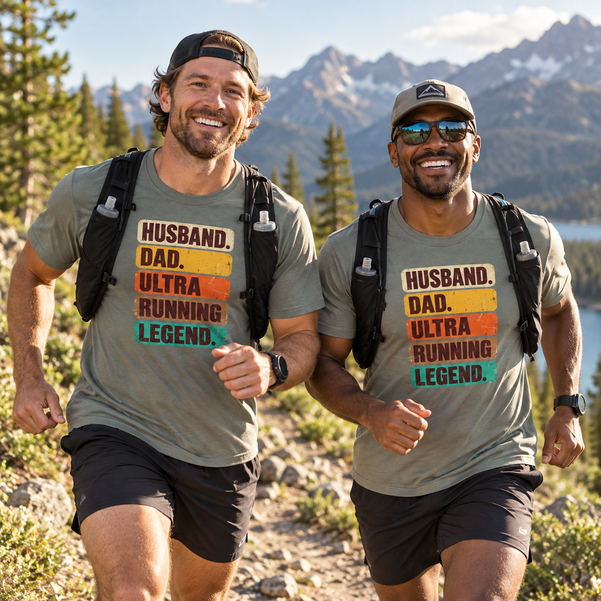 Two men running on a trail, wearing shirts that say "Husband. Dad. Ultra Running Legend."