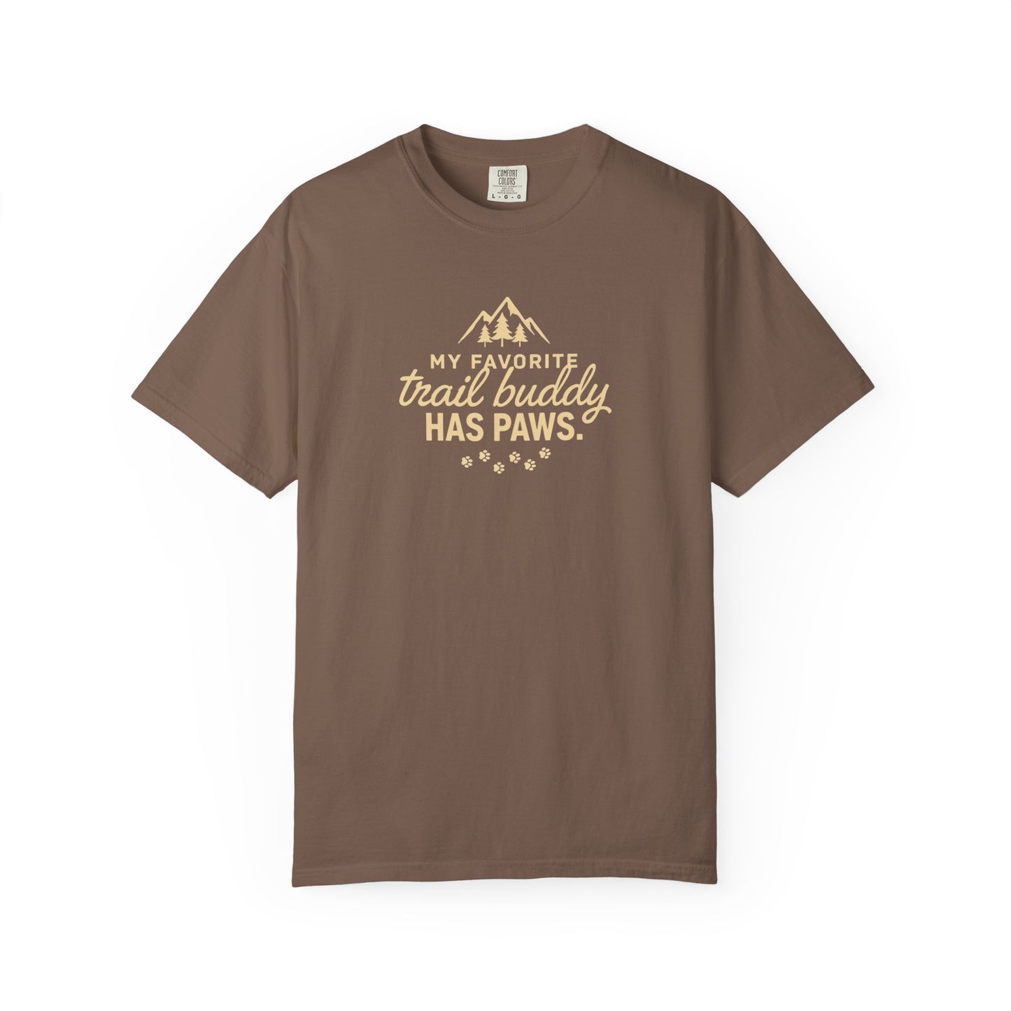 Brown t-shirt with "My favorite trail buddy has paws" graphic.