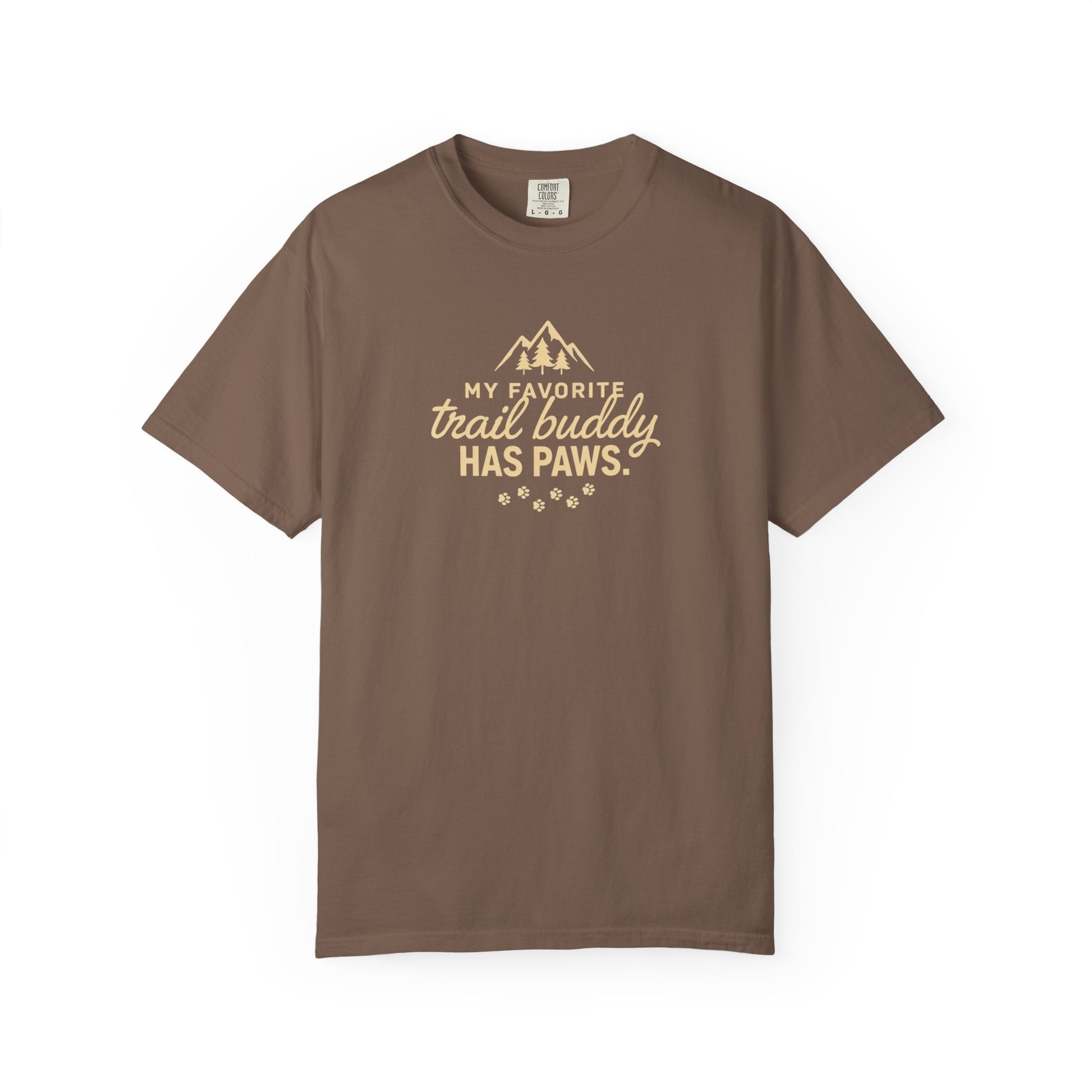 Brown t-shirt with "My favorite trail buddy has paws" graphic.
