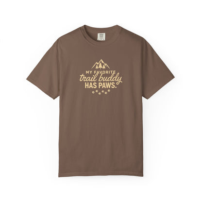Brown t-shirt with "My favorite trail buddy has paws" graphic.