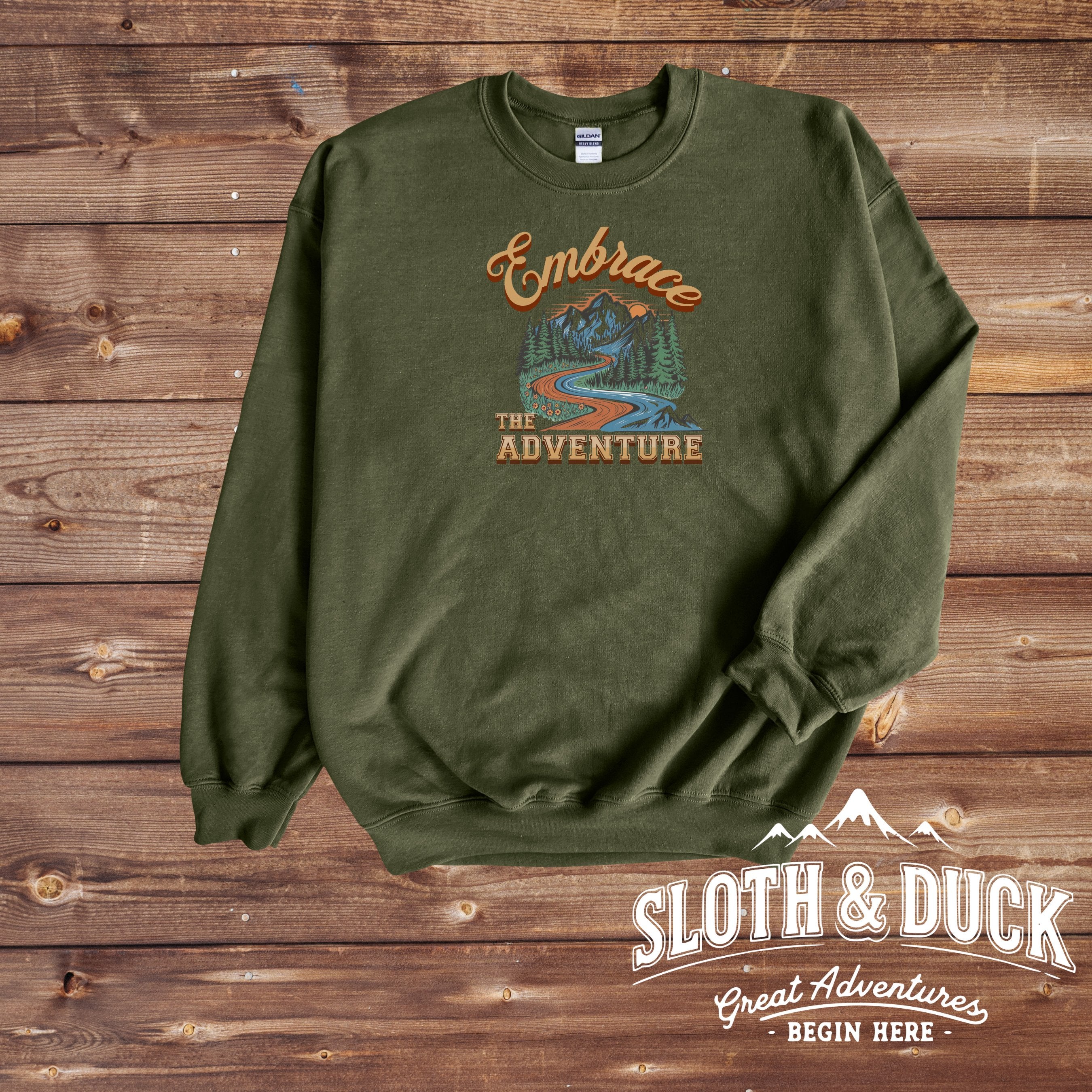 embrace the adventure army green crewneck sweater