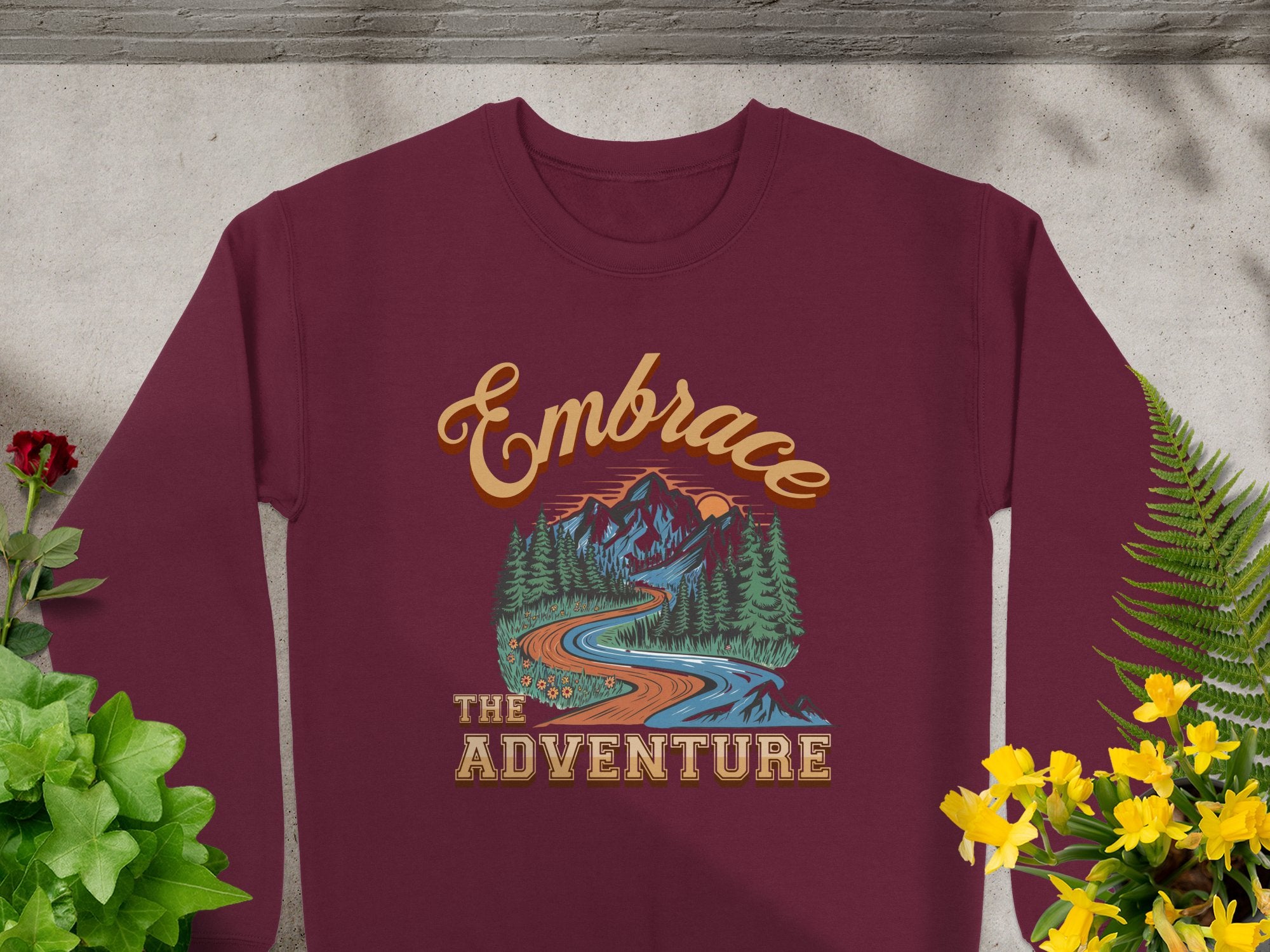 embrace the adventure maroon crewneck sweater