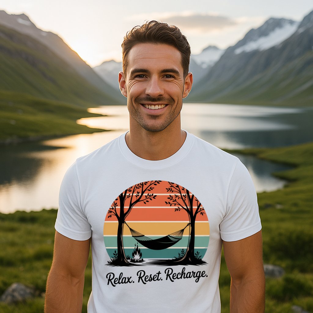 Relax Reset Recharge Sunset Hammock Scene T-Shirt