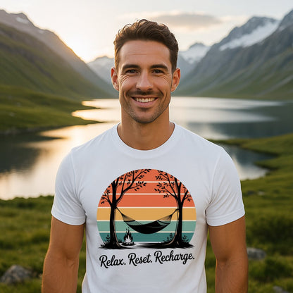 Relax Reset Recharge Sunset Hammock Scene T-Shirt