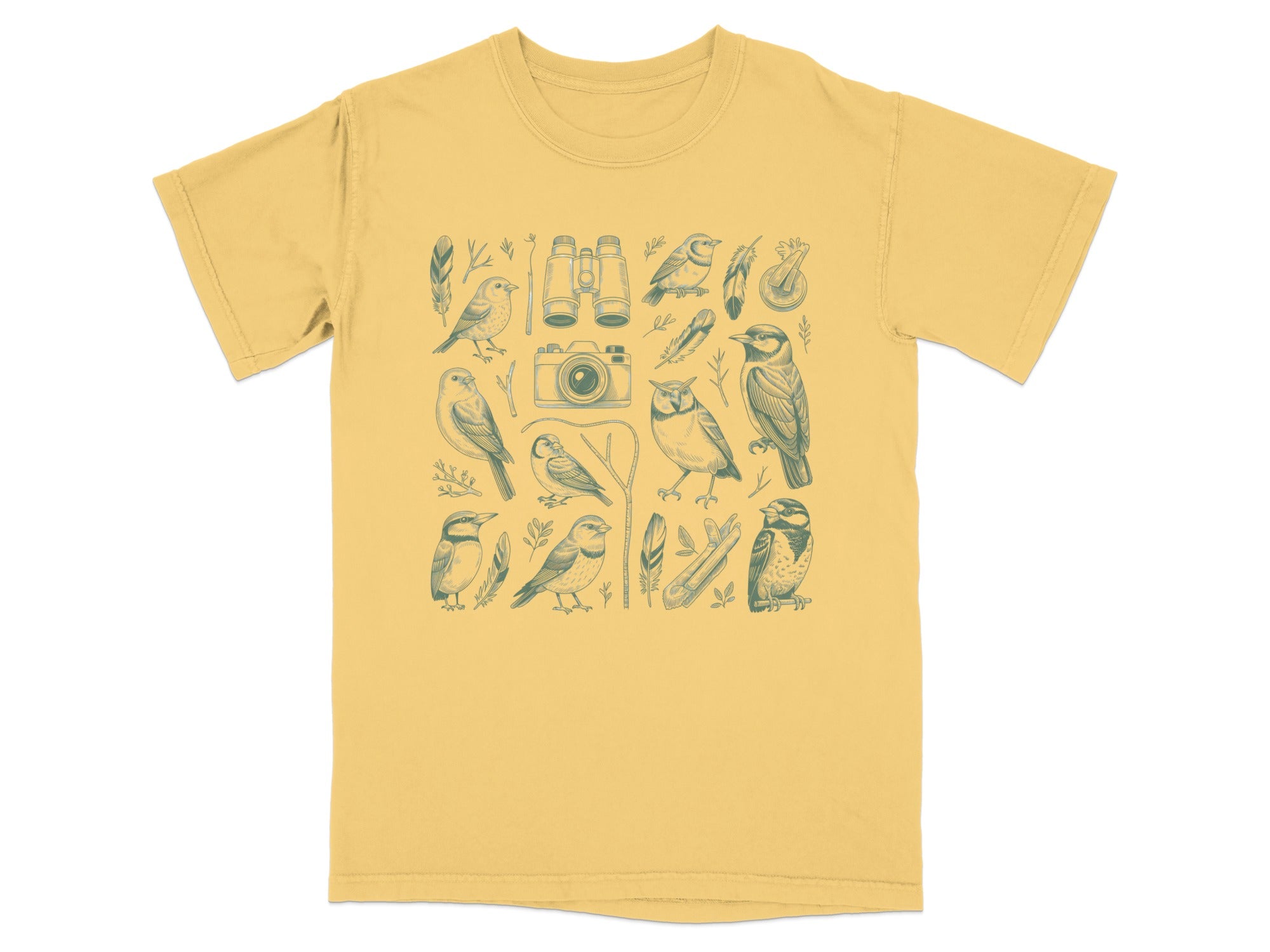 Bird Watching Graphic Printed Yellow T-Shirt Product