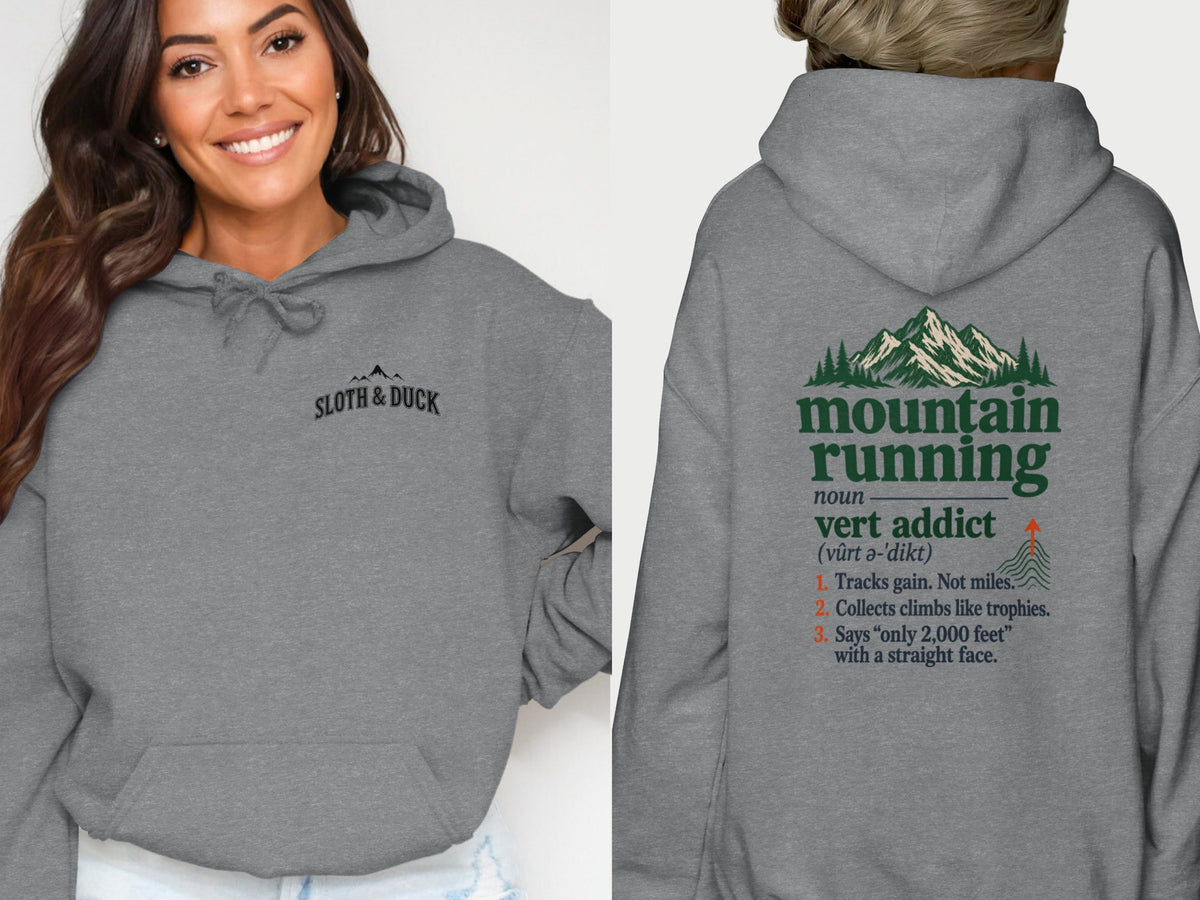 Grey hoodie with "Sloth & Duck" logo and "Mountain Running" definition.