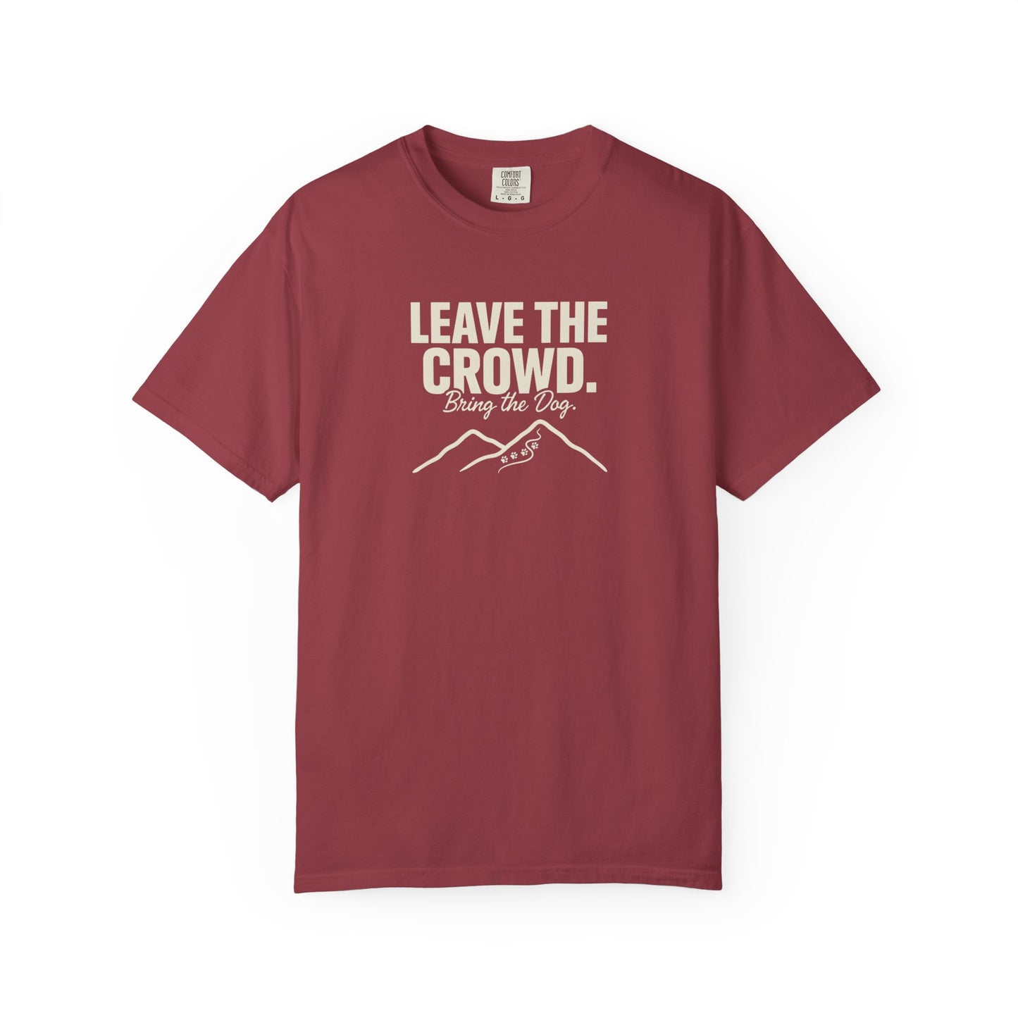 Maroon t-shirt with "Leave the Crowd. Bring the Dog." text and mountain graphic.