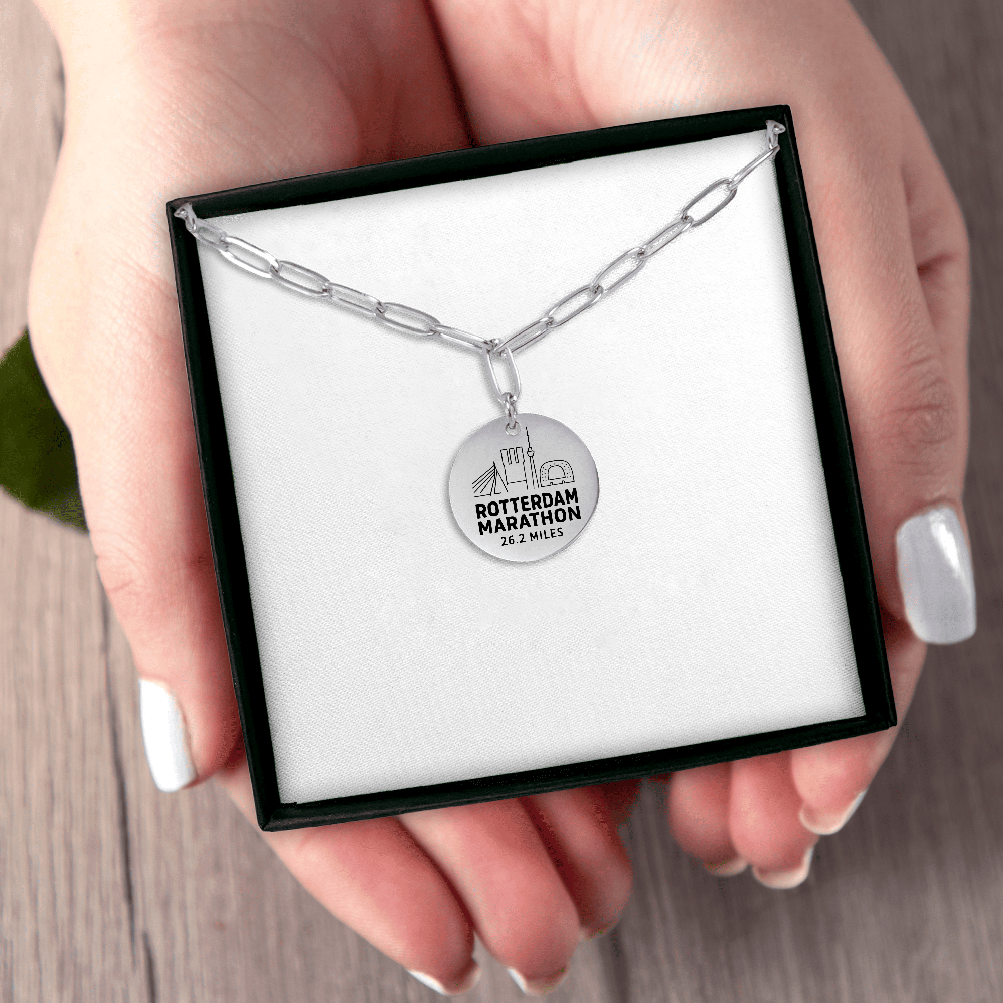 Personalized Rotterdam Marathon Skyline Necklace 26.2 Miles