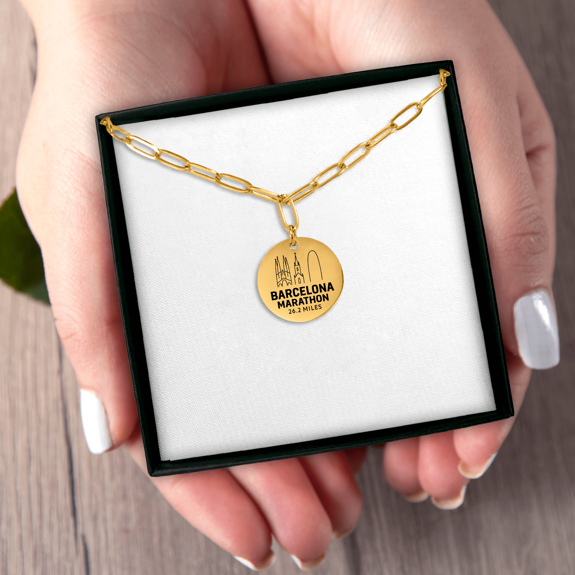 Personalized Barcelona Marathon Skyline Necklace 26.2 Miles