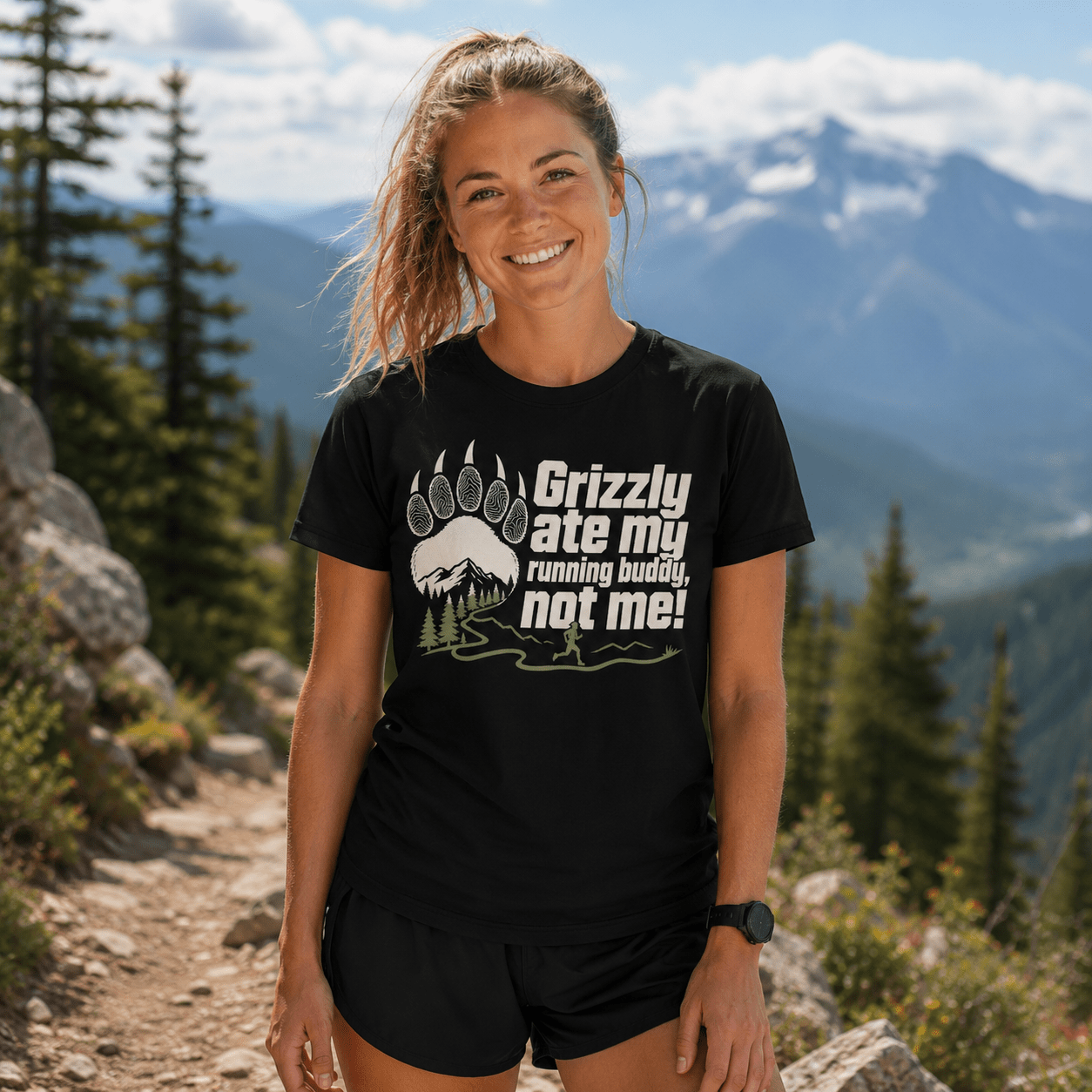 Grizzly Ate My Running Buddy Not Me T-Shirt | Sloth & Duck -Black - Sloth & Duck