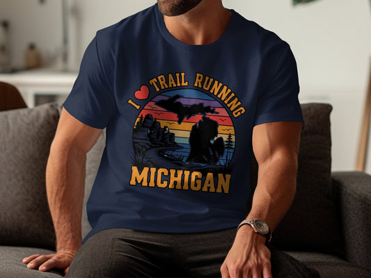 "I Love Trail Running" Michigan Scenic Sunset T-Shirt - T-Shirt Dark - Sloth & Duck