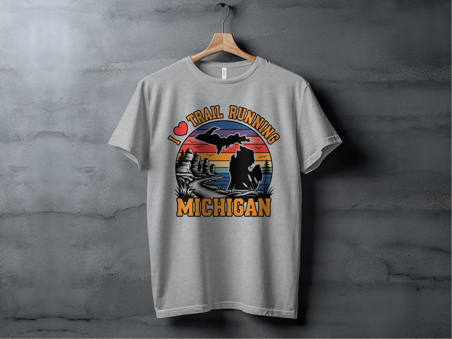 "I Love Trail Running" Michigan Scenic Sunset T-Shirt - T-Shirt Light - Sloth & Duck