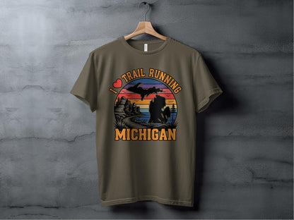 "I Love Trail Running" Michigan Scenic Sunset T-Shirt - T-Shirt Dark - Sloth & Duck