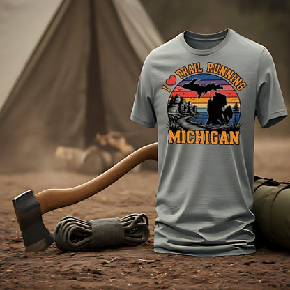 "I Love Trail Running" Michigan Scenic Sunset T-Shirt - T-Shirt Dark - Sloth & Duck