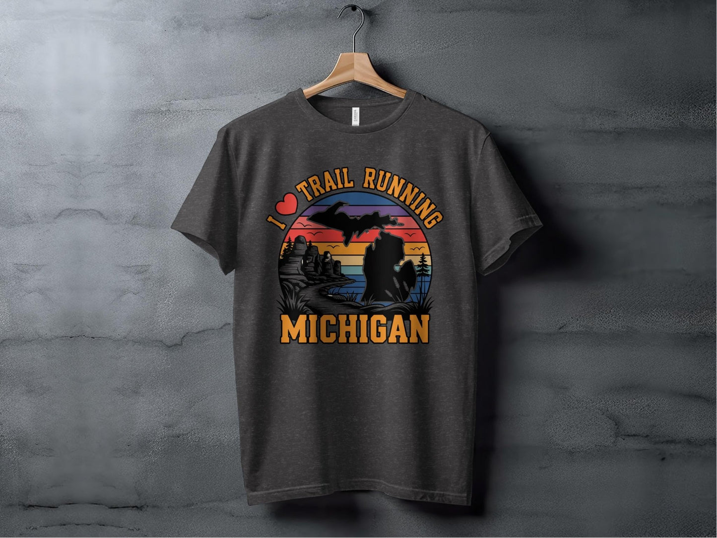 "I Love Trail Running" Michigan Scenic Sunset T-Shirt - T-Shirt Dark - Sloth & Duck