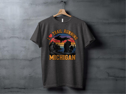 "I Love Trail Running" Michigan Scenic Sunset T-Shirt - T-Shirt Dark - Sloth & Duck