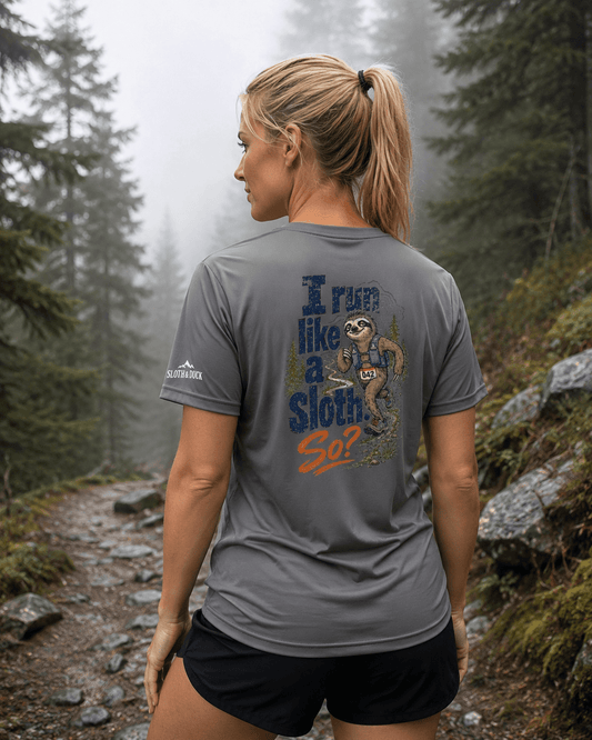 I Run Like a Sloth. So? Performance T-Shirt -Graphite - Sloth & Duck