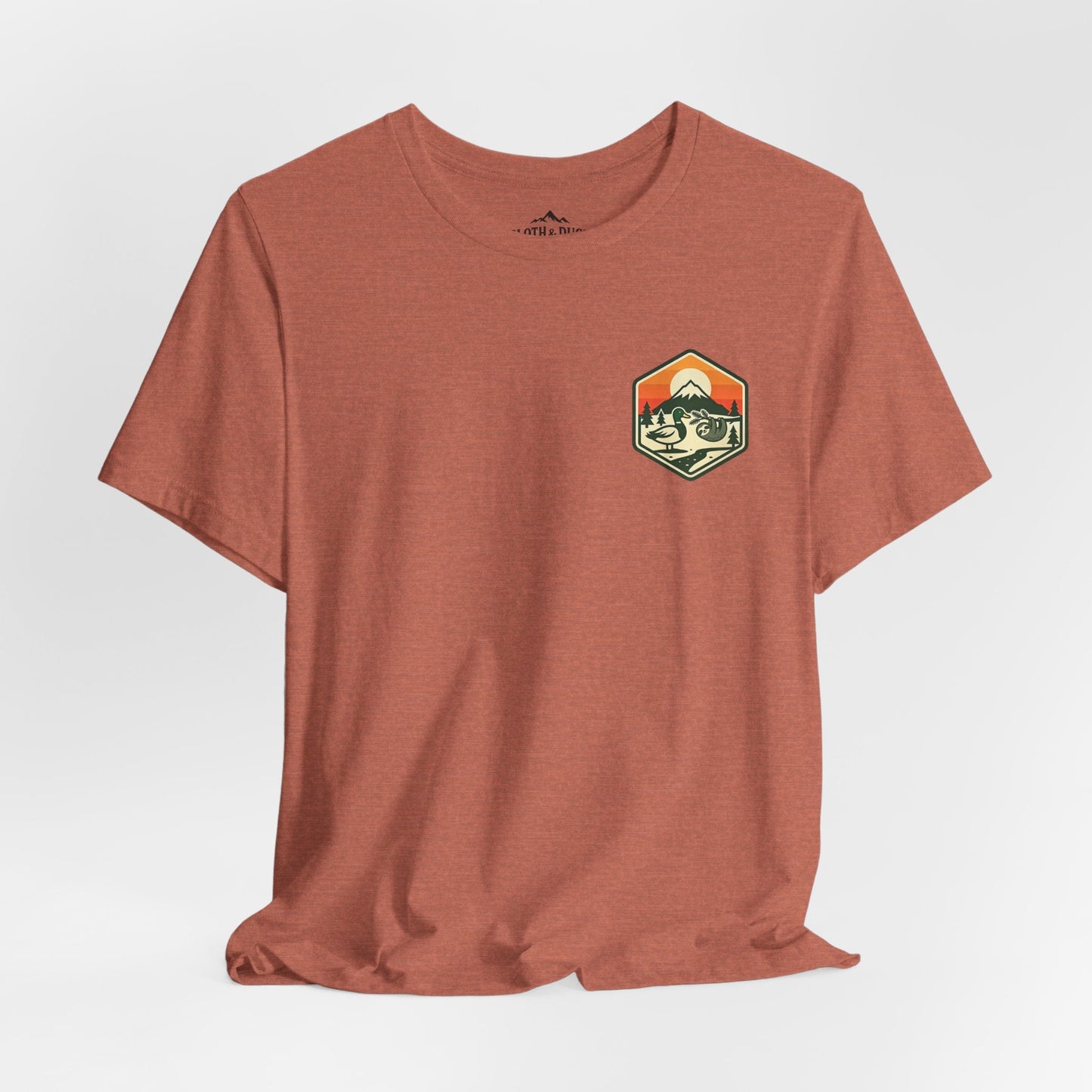 Into the Mountains I Go Tee — Premium Vintage Mountain Graphic Shirt - Heather Clay - Sloth & Duck