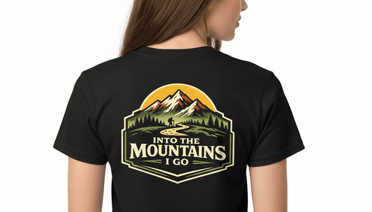 Into the Mountains I Go Tee — Premium Vintage Mountain Graphic Shirt - White - Sloth & Duck