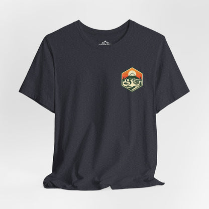 Into the Woods I Go Tee — Premium Vintage Mountain Graphic Shirt - Heather Navy - Sloth & Duck