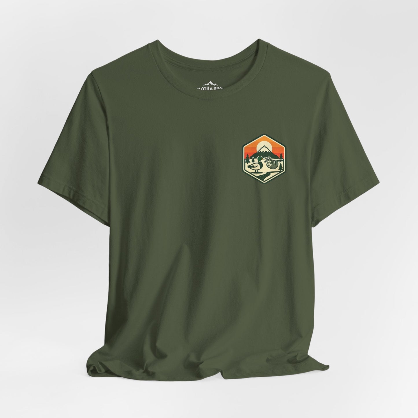Into the Woods I Go Tee — Premium Vintage Mountain Graphic Shirt - Military Green - Sloth & Duck