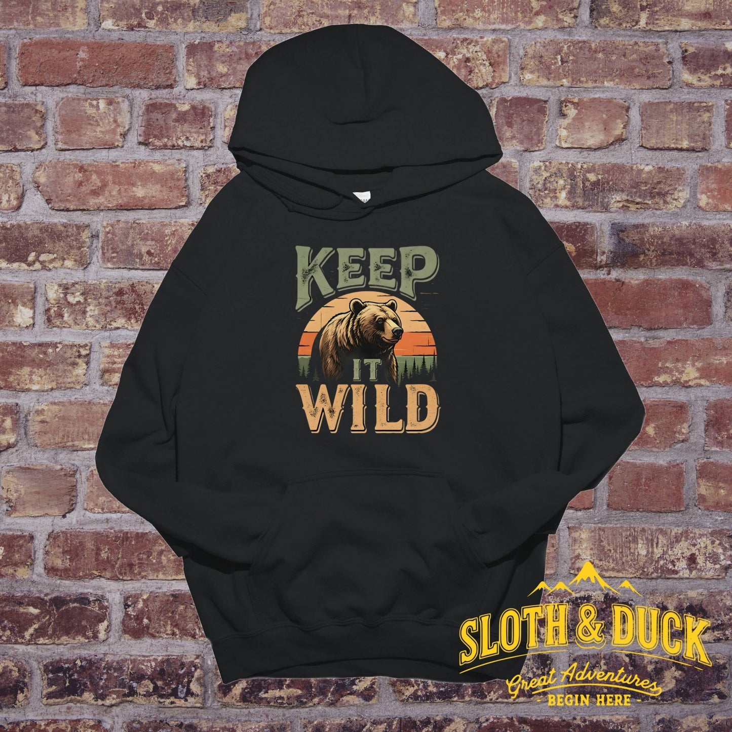 "Keep It Wild" Retro Sunset Grizzly Hoodie - Charcoal - Sloth & Duck