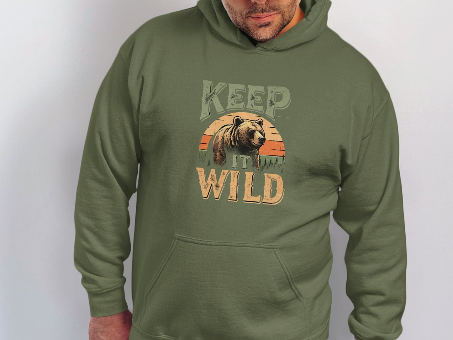 "Keep It Wild" Retro Sunset Grizzly Hoodie - Charcoal - Sloth & Duck