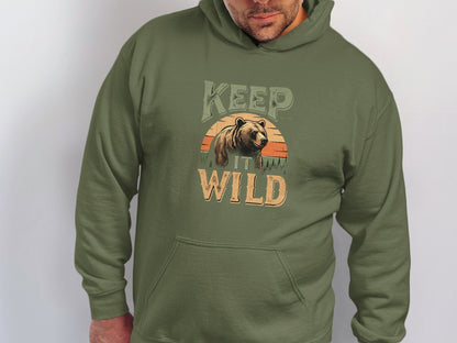 "Keep It Wild" Retro Sunset Grizzly Hoodie - Charcoal - Sloth & Duck