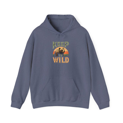 "Keep It Wild" Retro Sunset Grizzly Hoodie - Heather Navy - Sloth & Duck
