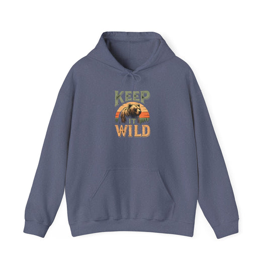 "Keep It Wild" Retro Sunset Grizzly Hoodie - Heather Navy - Sloth & Duck