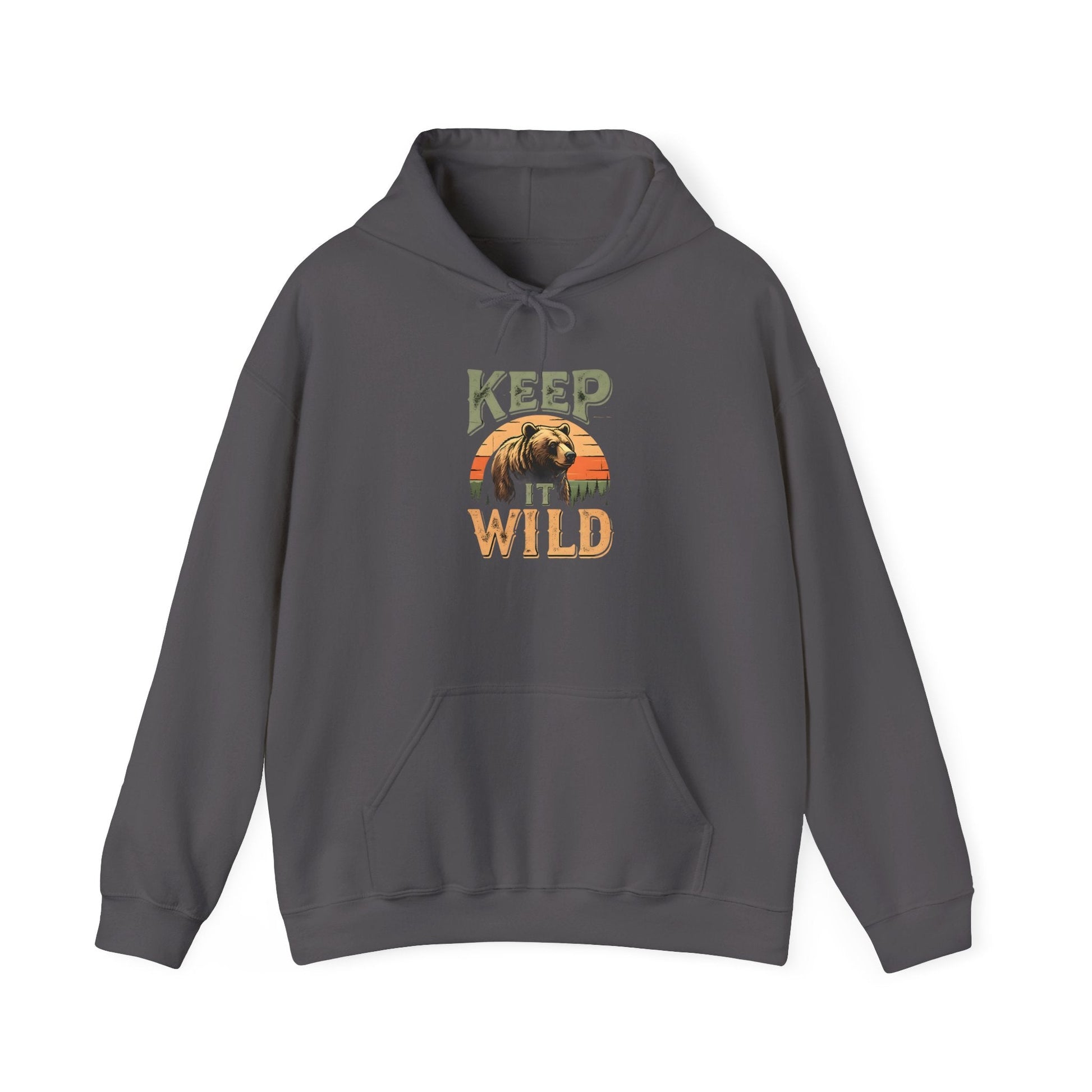 "Keep It Wild" Retro Sunset Grizzly Hoodie - Charcoal - Sloth & Duck