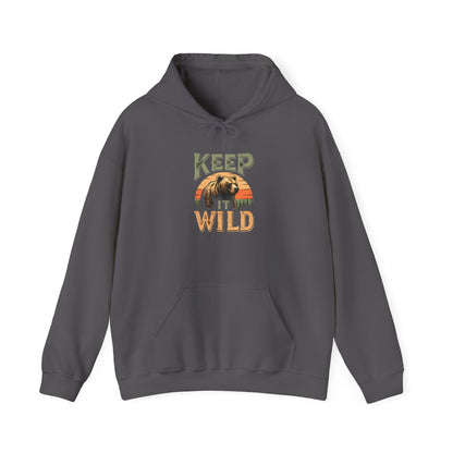 "Keep It Wild" Retro Sunset Grizzly Hoodie - Charcoal - Sloth & Duck