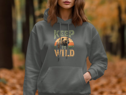 "Keep It Wild" Retro Sunset Grizzly Hoodie - Charcoal - Sloth & Duck