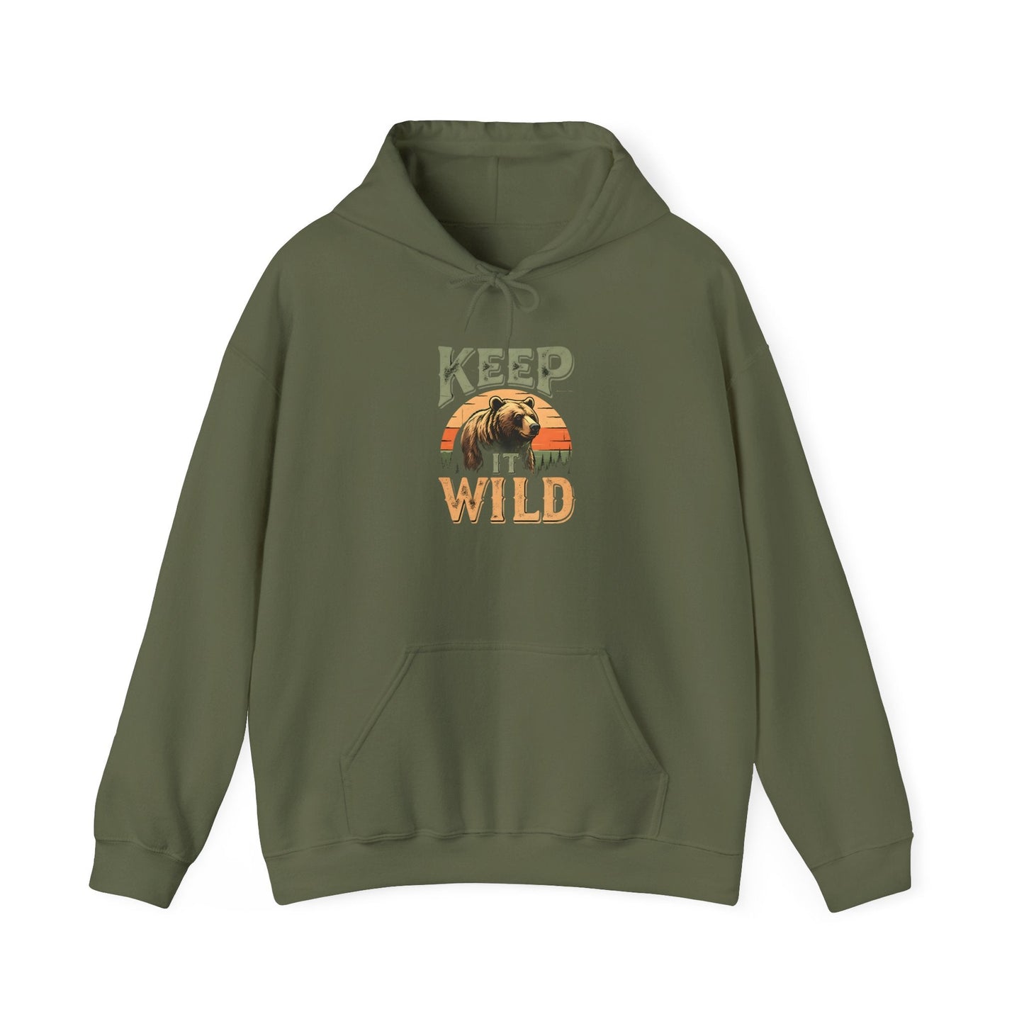 "Keep It Wild" Retro Sunset Grizzly Hoodie - Military Green - Sloth & Duck