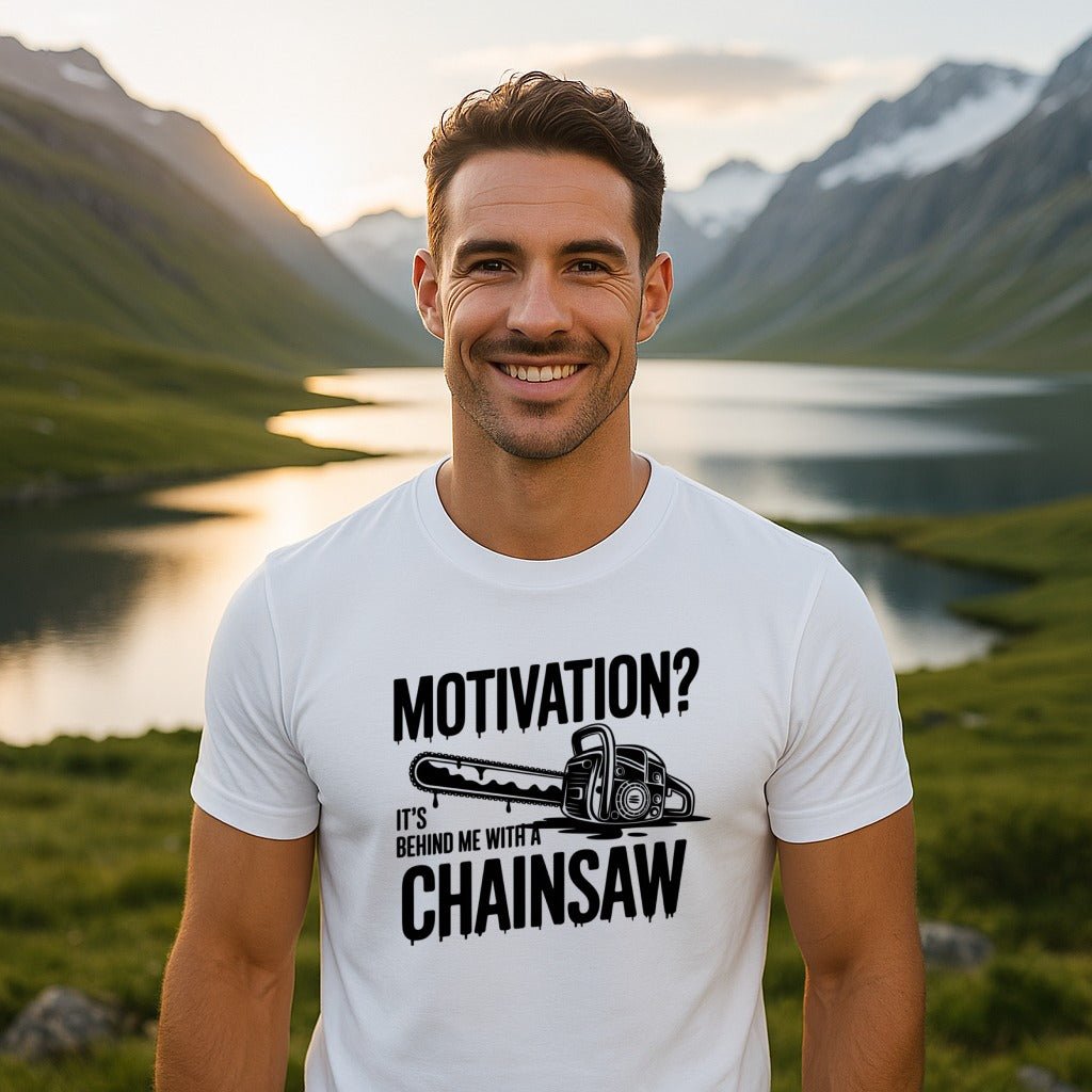 "Motivation? It's Behind Me With A Chainsaw" T-Shirt - T-Shirts - Sloth & Duck