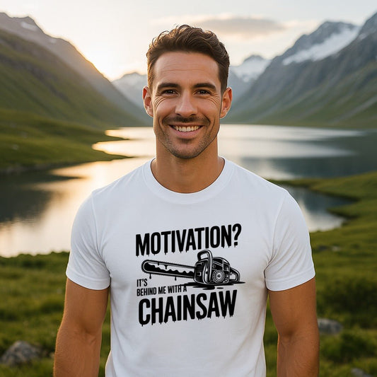 "Motivation? It's Behind Me With A Chainsaw" T-Shirt - T-Shirts - Sloth & Duck