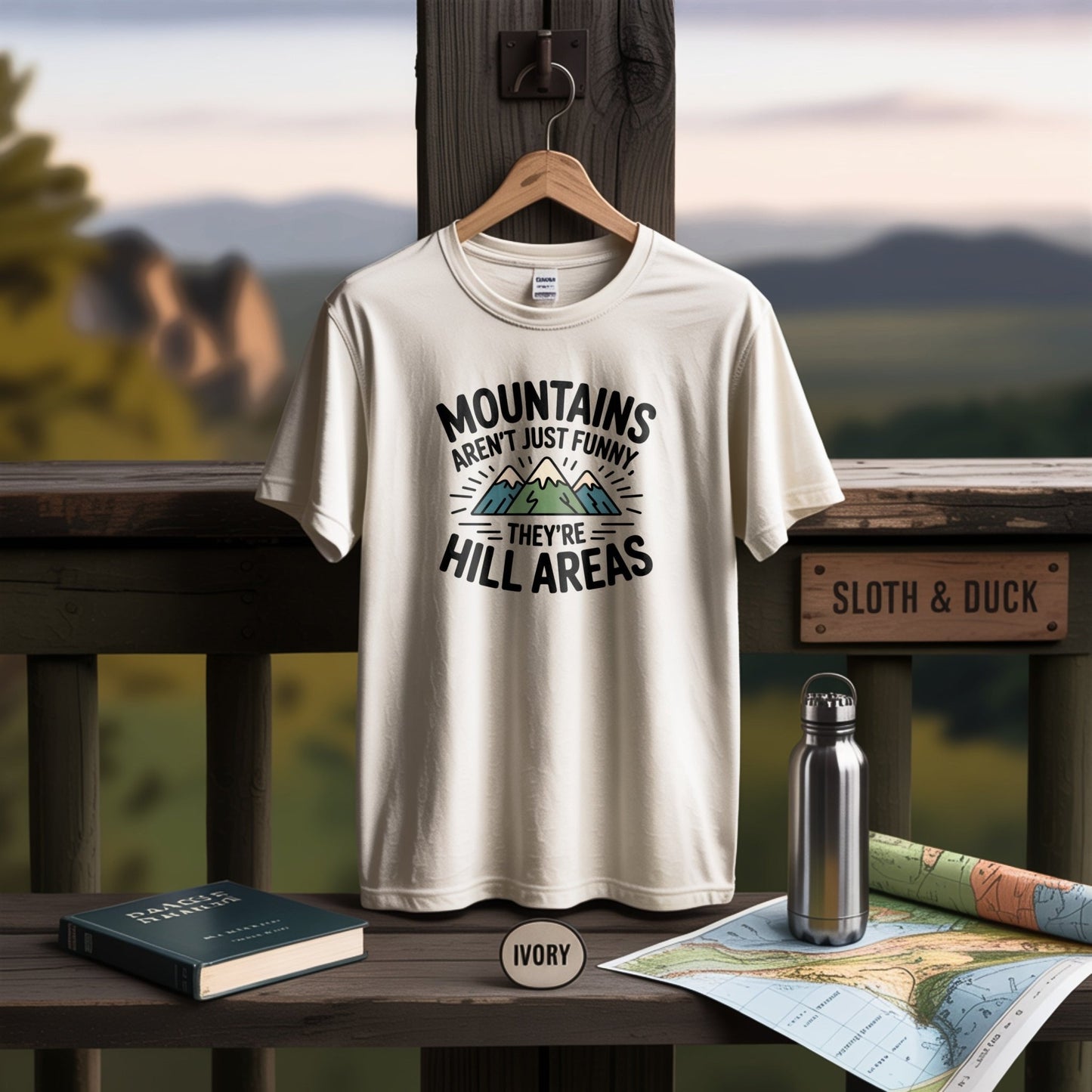 "Mountains Aren't Just Funny, They Are Hill Areas" T-Shirt - S - Sloth & Duck