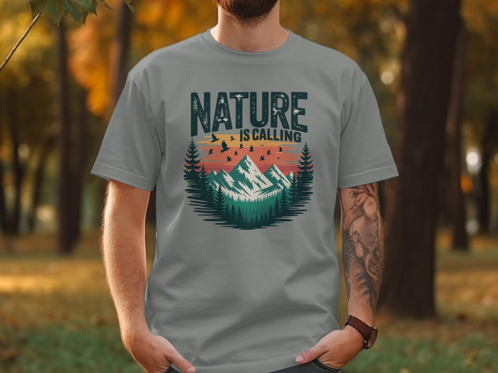 "Nature is Calling" Retro Sunset T-Shirt - S - Sloth & Duck
