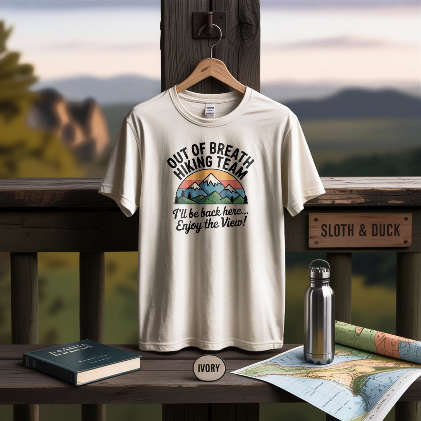 "Out of Breath Hiking Team. I'll Be Back Here, Enjoy The View" T-Shirt - S - Sloth & Duck